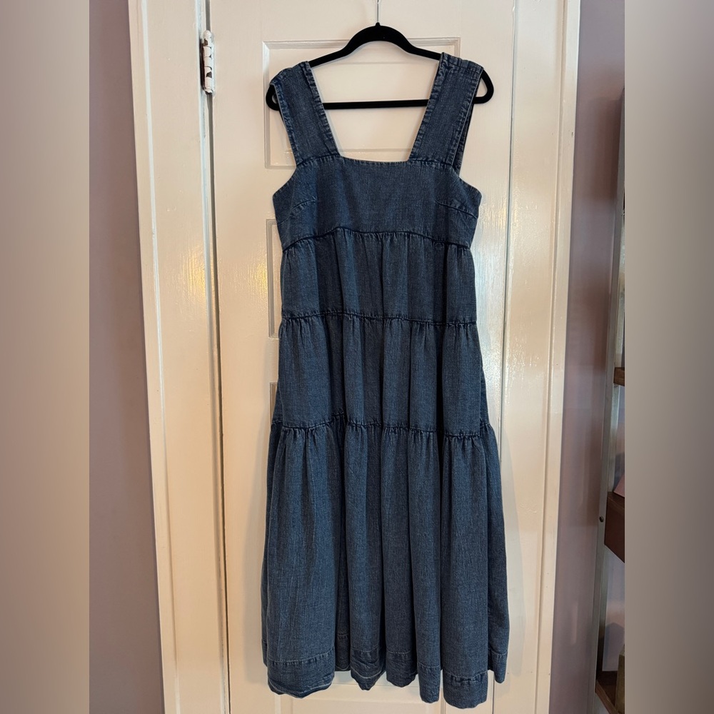 Anthropologie | The Helena | Squared Neck tiered MIDI  denim dress with Pockets